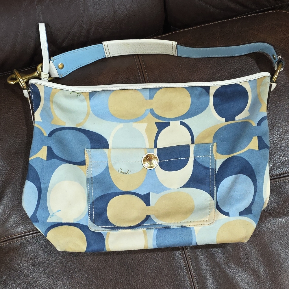 Coach Blue and Tan Shoulder Bag with Geometric Design